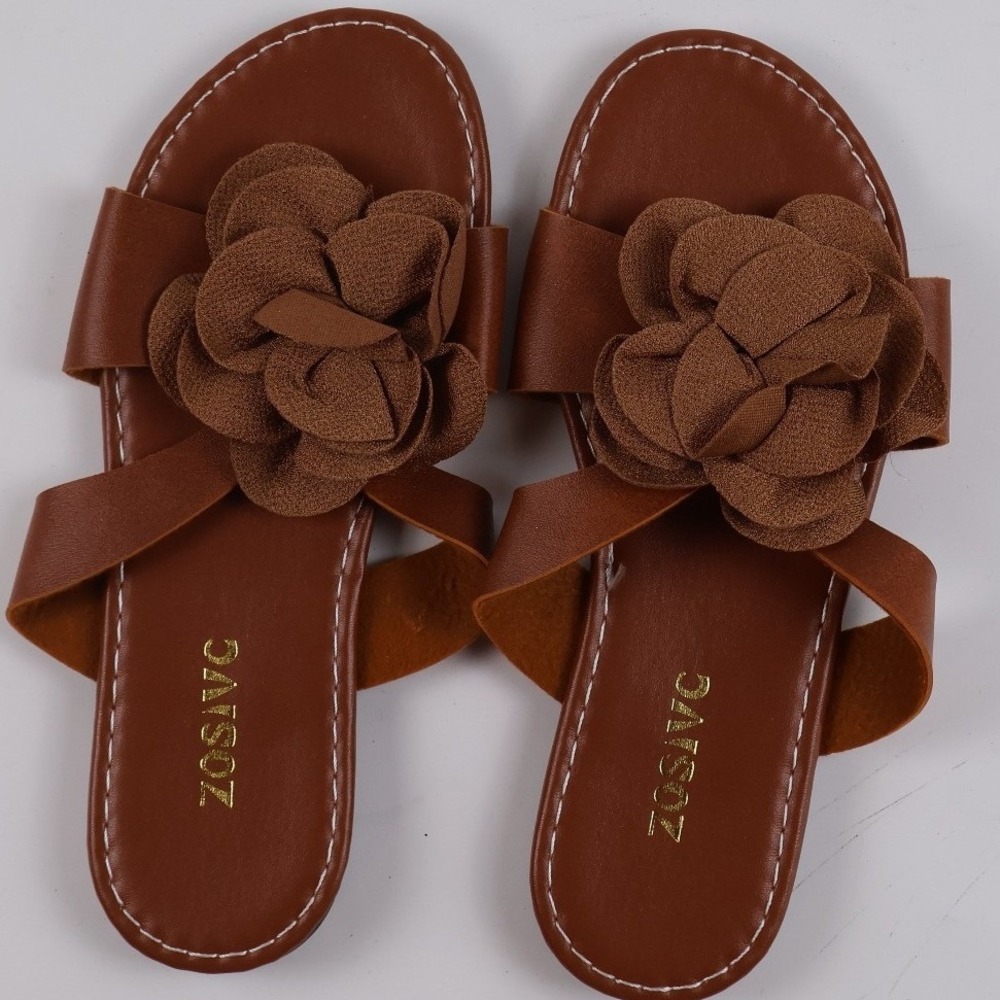 ZOSVC Slide Sandals Flower Applique Brown Solid 36 NEW